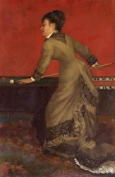 Elegante en el billar. Una mujer aristocrática victoriana jugando al billar carambola